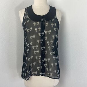 Glam Doll Black Sheer Blouse Med Bow Print Peter Pan Collar Whimsy Goth Siren
